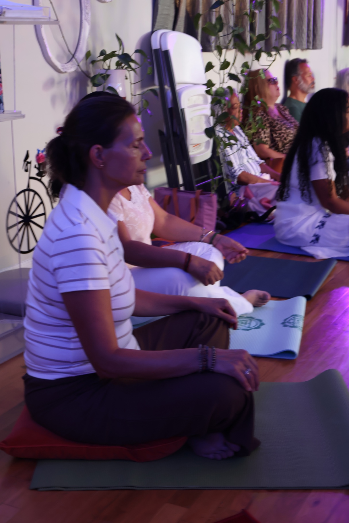 Participantes meditando sentados sobre tapetes de yoga
