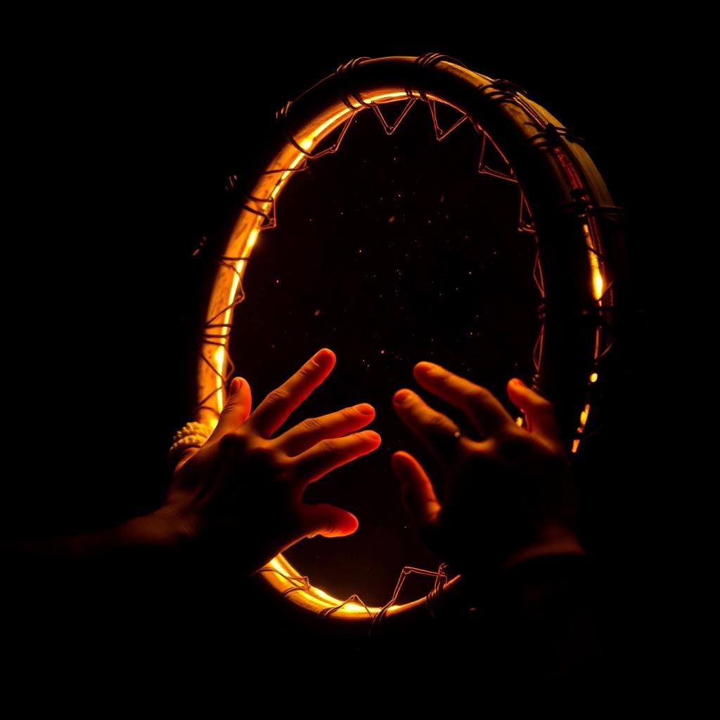 Mãos tocando tambor xamânico à luz do fogo