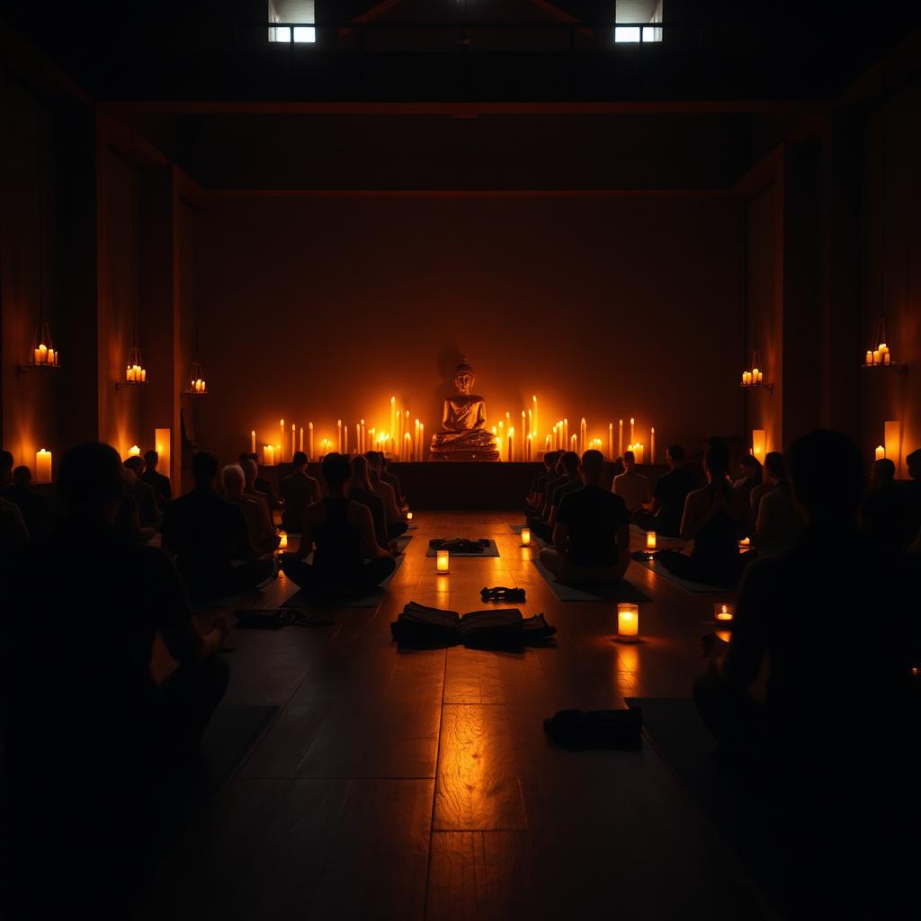 Participantes meditando sobre tapetes de yoga à luz de velas