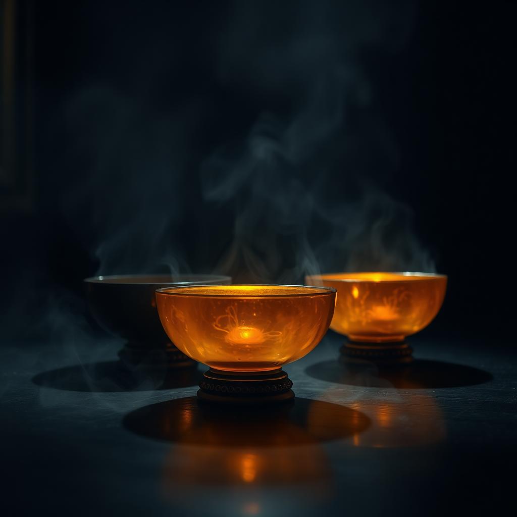 Taças tibetanas de cristal iluminadas em dourado